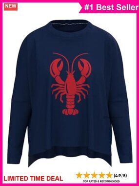 Lobster Graphic Crewneck Sweater Relaxed Fit Pullover Cotton Knit Top USA
